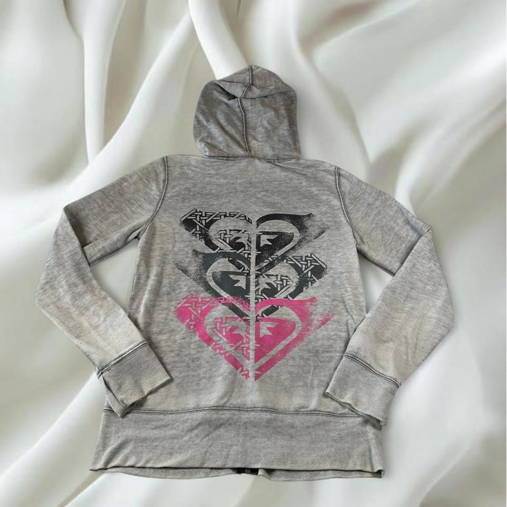 Roxy lightweight gray pink graphic zip up jacket y2k mcbling grunge skater